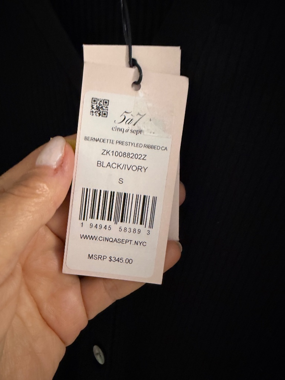 NEW Cinq a SEPT Bernadette Prestyled Ribbed cardigan in Black/Ivory - Picture 7 of 7